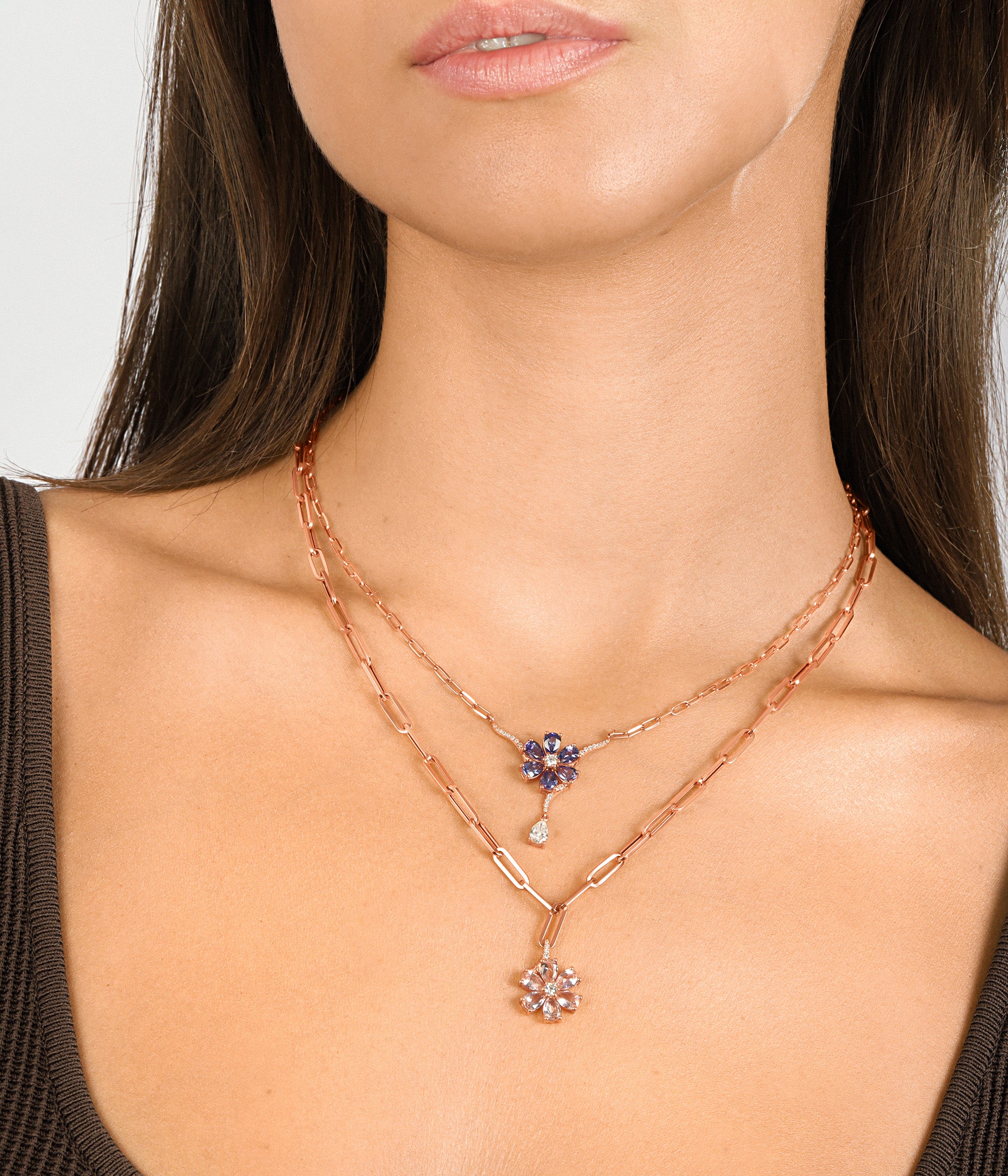 Tanzanite Flower And Diamond Drop Necklace