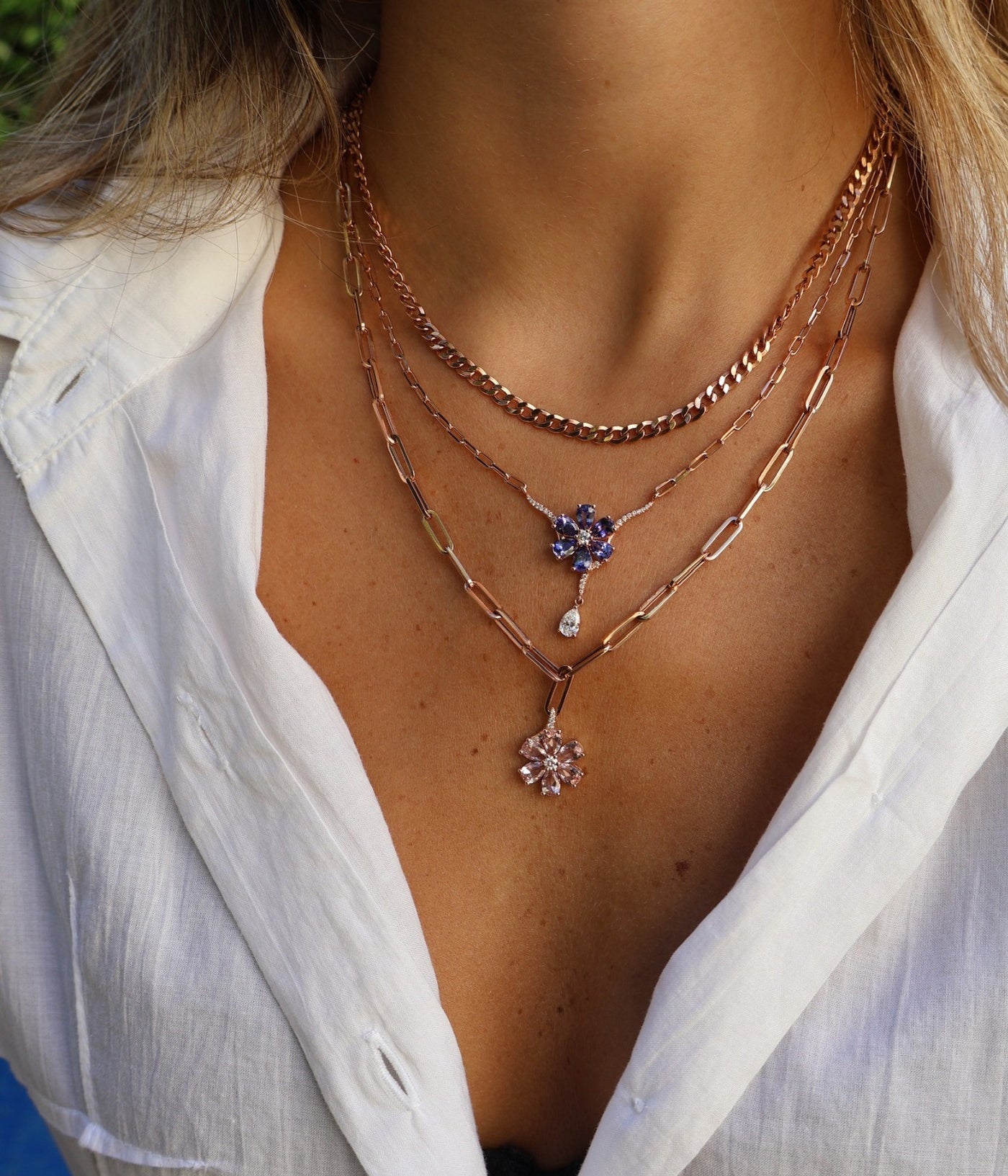 Tanzanite Flower And Diamond Drop Necklace