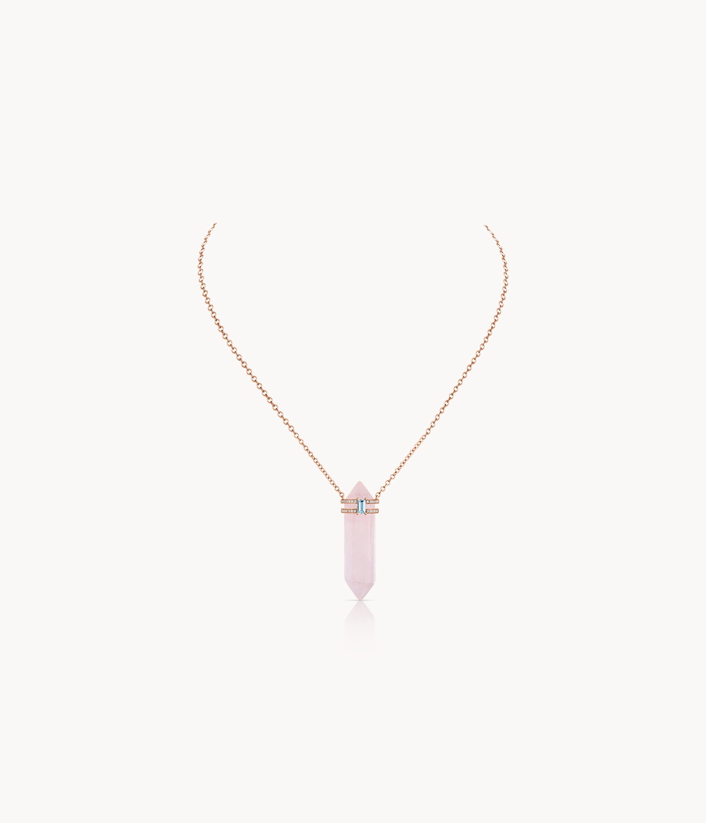 Rose Quartz Crystal And Bagguette Aquamarin Necklace