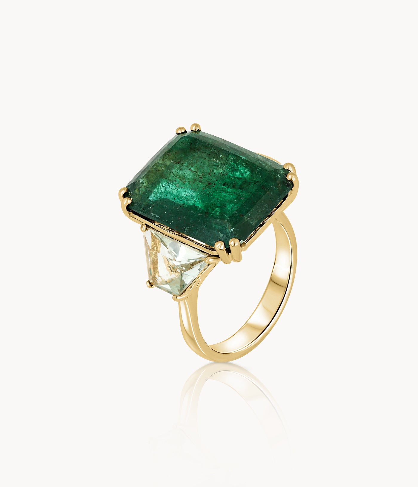 Radiant Shape Emerald And Trapez Shape Green Amethyst Ring