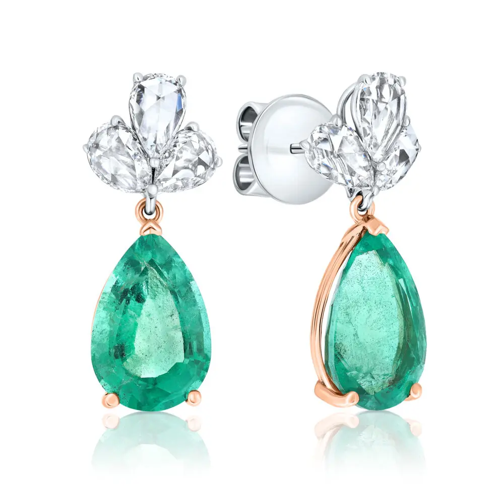 Emerald and pear shape diamond earrings