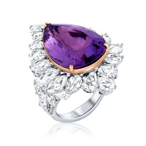 Amethyst and diamonds pear-shaped ring blends the shine of over 8ct of glittering diamonds of various cuts, pear-shaped marquises, with this daring design reflecting the ultimate level of female strength, set in 18k white and rose gold. Indulge in a piece that will empower you to take the world by storm.