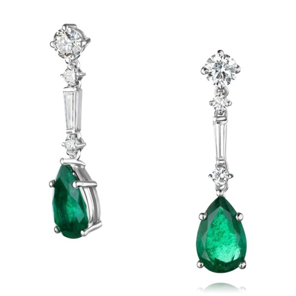 Starring the magnificent 4.37ct pear-shaped green emerald and set with 1.64ct diamonds in white gold, these earrings are a testament to the exquisite beauty of the emerald.