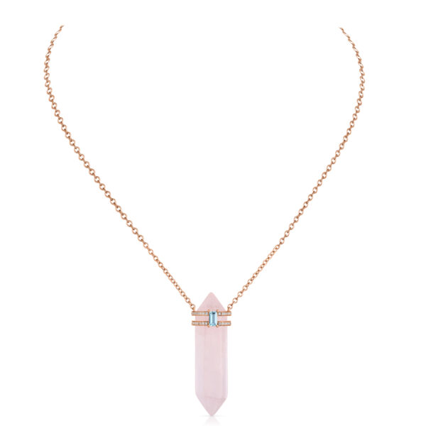 rose quartz crystal and bagguette aquamarin necklace