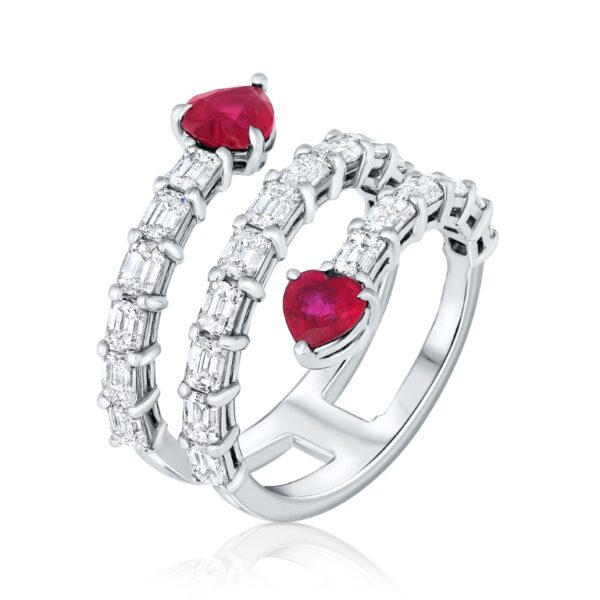 heart shape ruby and emerald cut diamnod spiral ring