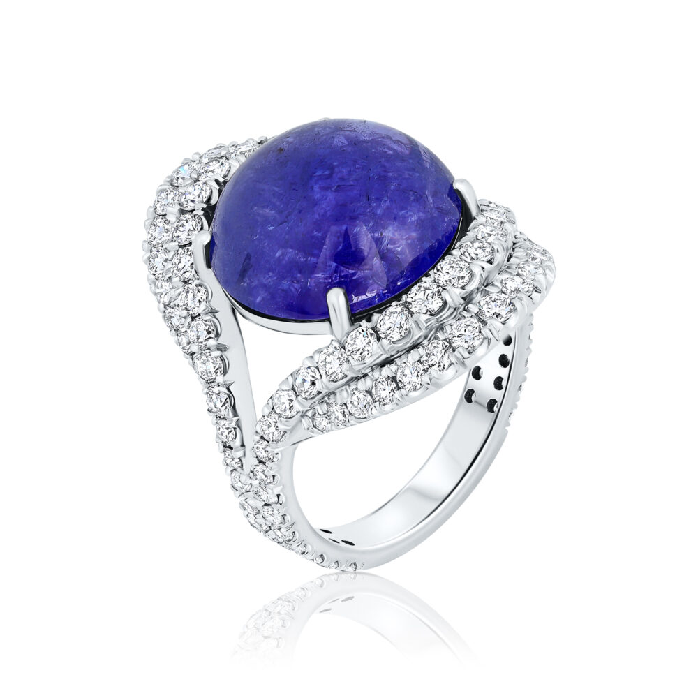 Blue Tanzanite Cabouchon ring with diamonds