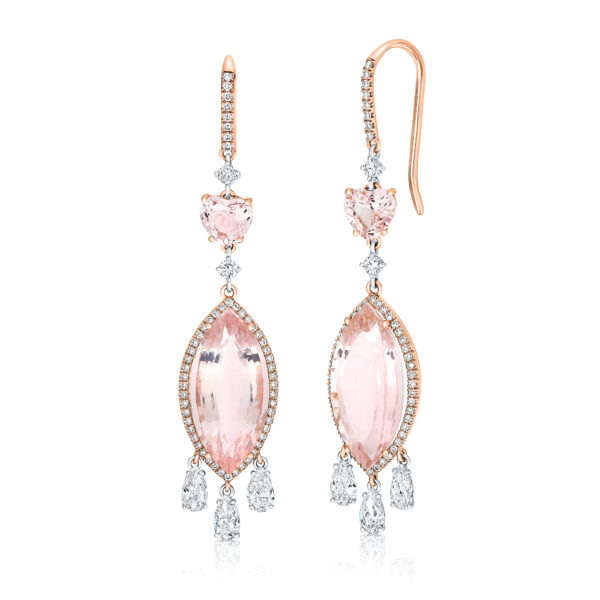 Rosequartz marquise earrings with pear shape diamonds